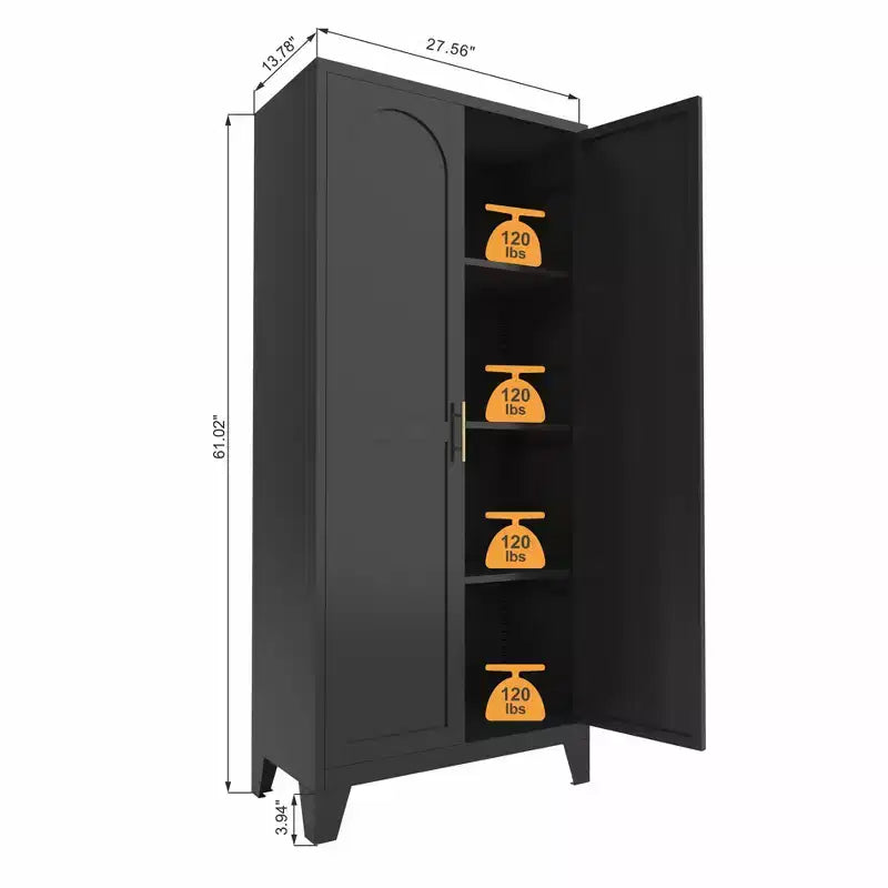 Armadio metallico con doppie ante e ripiani regolabili; Elevata capacità di carico; Ideale per cucine, soggiorni e camere da letto