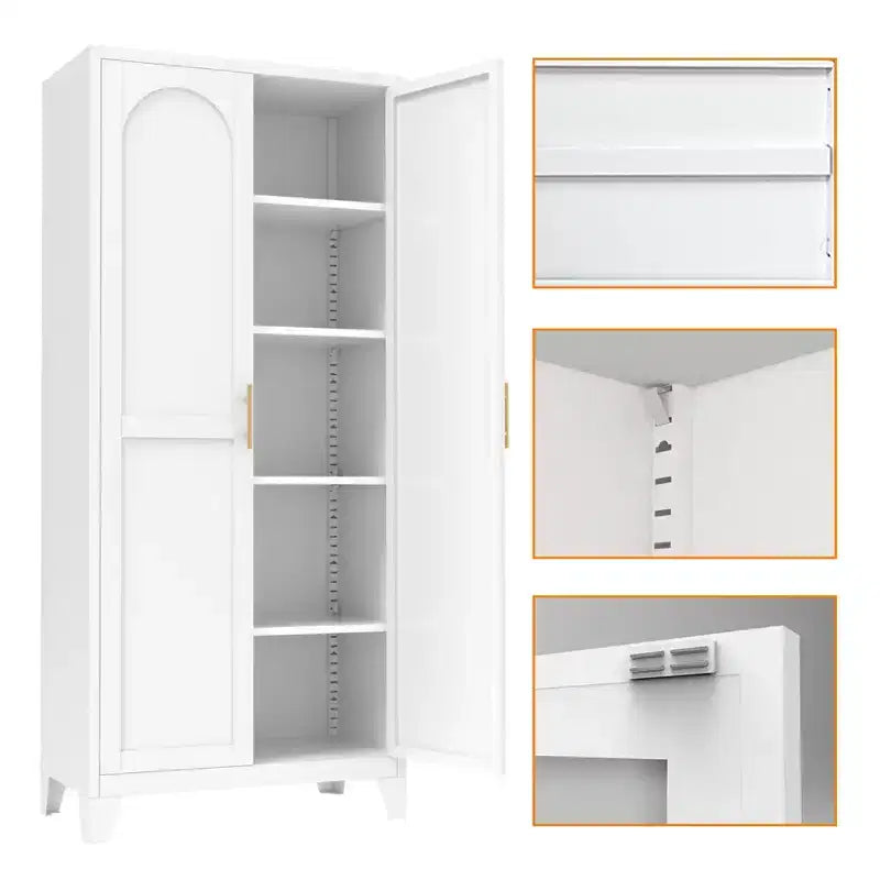 Armadio metallico con doppie ante e ripiani regolabili; Elevata capacità di carico; Ideale per cucine, soggiorni e camere da letto