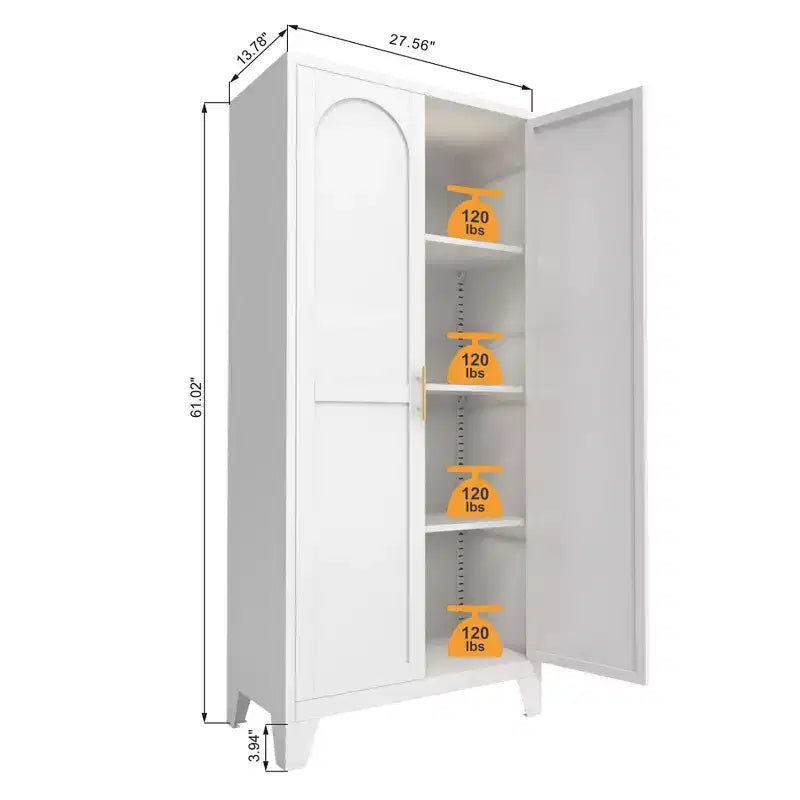 Armadio metallico con doppie ante e ripiani regolabili; Elevata capacità di carico; Ideale per cucine, soggiorni e camere da letto