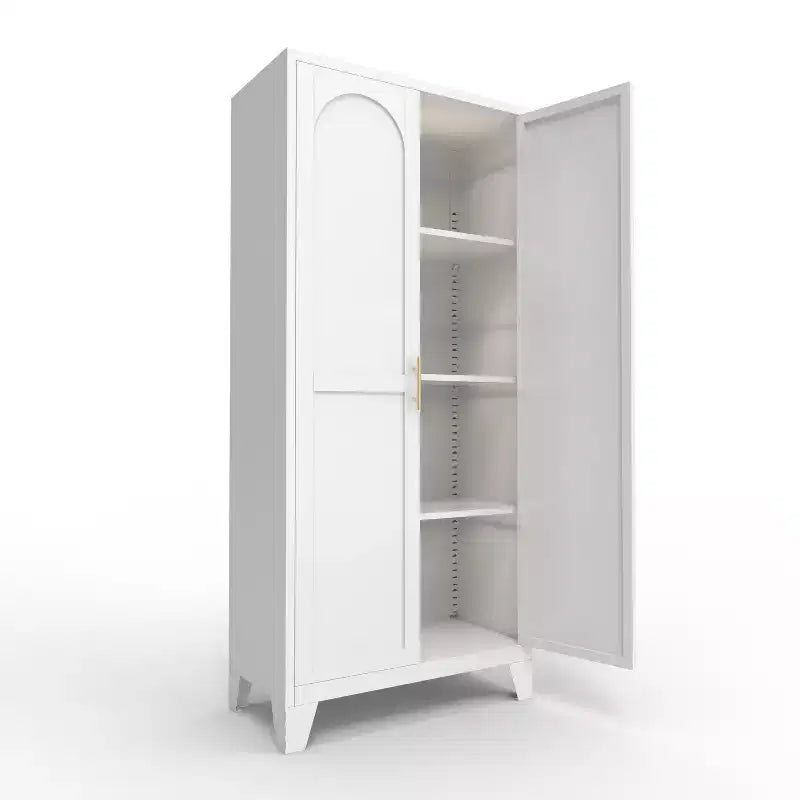 Armadio metallico con doppie ante e ripiani regolabili; Elevata capacità di carico; Ideale per cucine, soggiorni e camere da letto