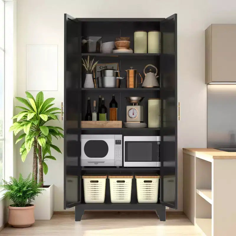 Armadio metallico con doppie ante e ripiani regolabili; Elevata capacità di carico; Ideale per cucine, soggiorni e camere da letto