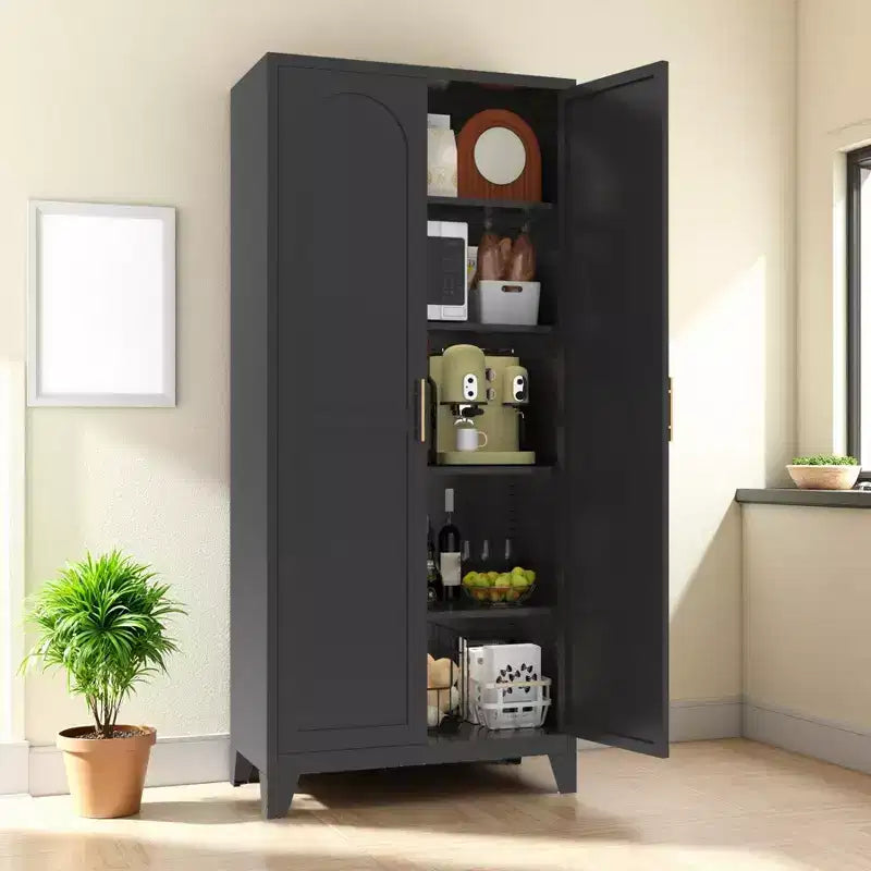 Armadio metallico con doppie ante e ripiani regolabili; Elevata capacità di carico; Ideale per cucine, soggiorni e camere da letto