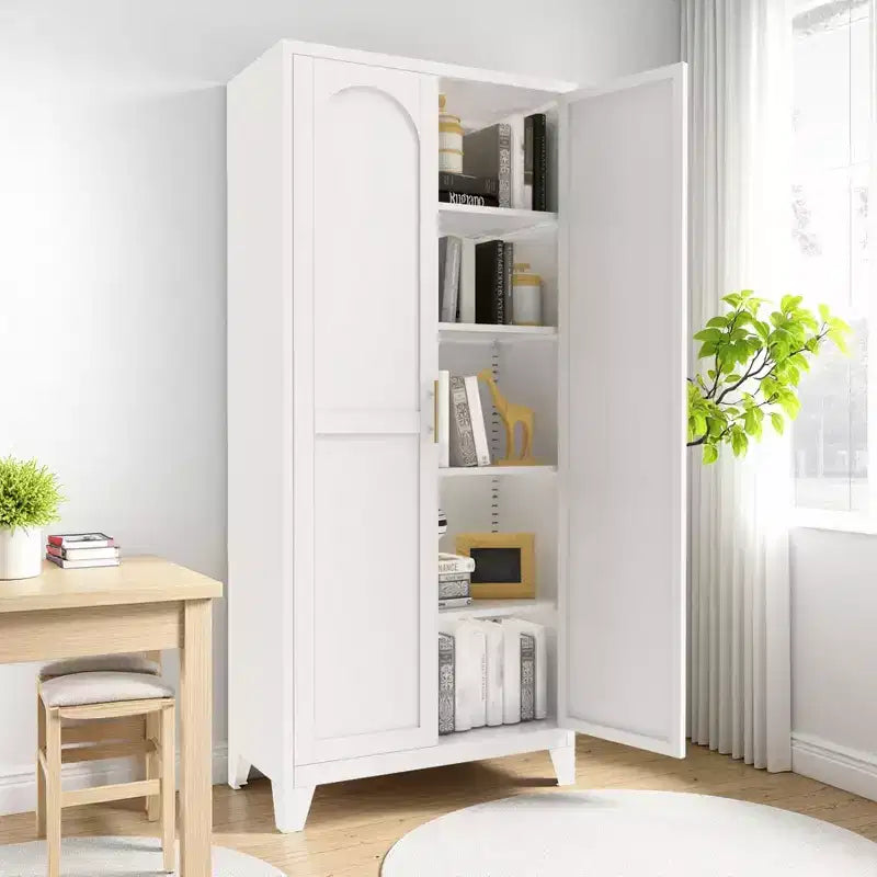 Armadio metallico con doppie ante e ripiani regolabili; Elevata capacità di carico; Ideale per cucine, soggiorni e camere da letto