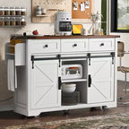 JVNOXK-53.7 pollici, isola cucina rustica con prese di corrente, doppie porte scorrevoli con ripiani pieghevoli, portaspezie su ruote, bianco