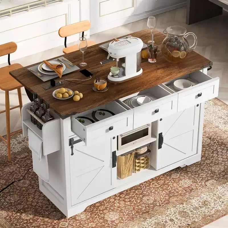 JVNOXK-53.7 pollici, isola cucina rustica con prese di corrente, doppie porte scorrevoli con ripiani pieghevoli, portaspezie su ruote, bianco