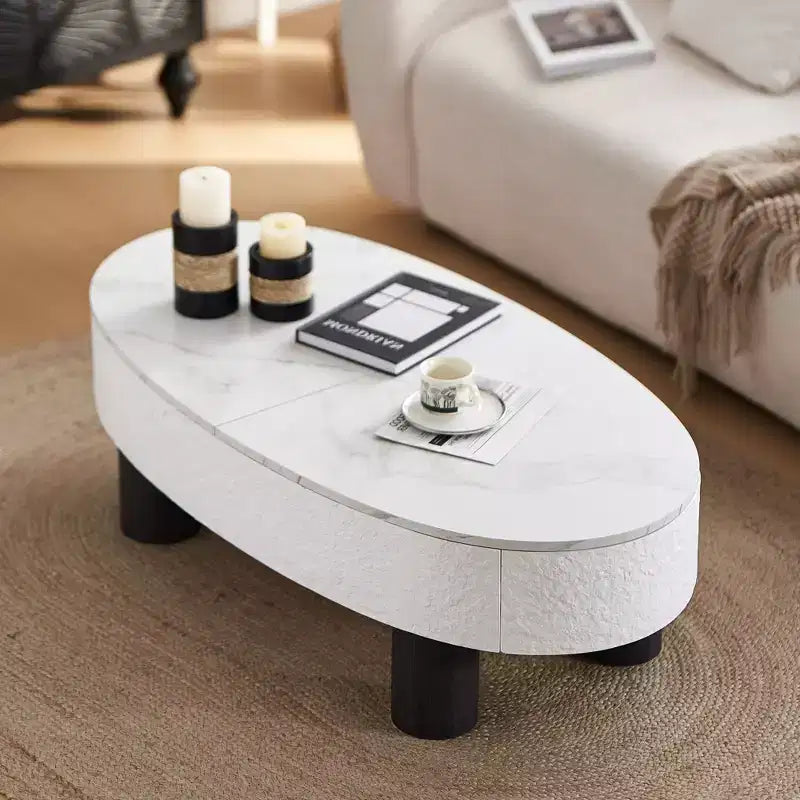GDFStudio Juno, tavolino da caffè ovale in legno stile moderno di metà secolo, con larghezza di 120 cm, cassetto nascosto e vano portaoggetti