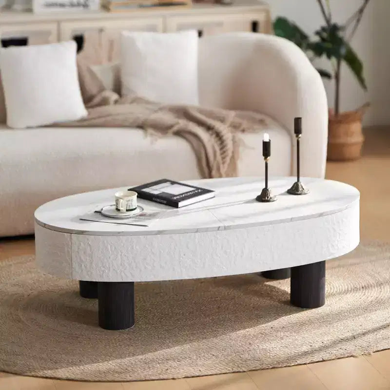 GDFStudio Juno, tavolino da caffè ovale in legno stile moderno di metà secolo, con larghezza di 120 cm, cassetto nascosto e vano portaoggetti