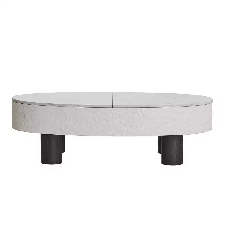 GDFStudio Juno, tavolino da caffè ovale in legno stile moderno di metà secolo, con larghezza di 120 cm, cassetto nascosto e vano portaoggetti