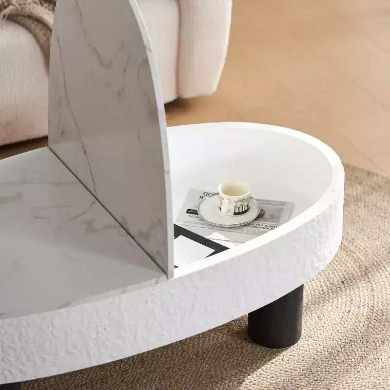 GDFStudio Juno, tavolino da caffè ovale in legno stile moderno di metà secolo, con larghezza di 120 cm, cassetto nascosto e vano portaoggetti