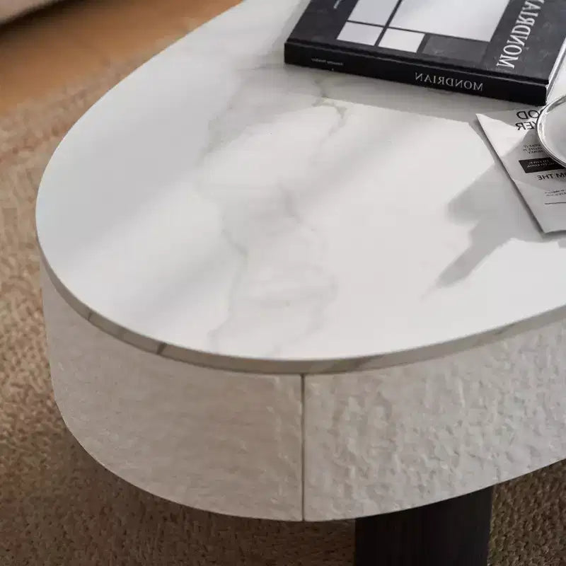 GDFStudio Juno, tavolino da caffè ovale in legno stile moderno di metà secolo, con larghezza di 120 cm, cassetto nascosto e vano portaoggetti