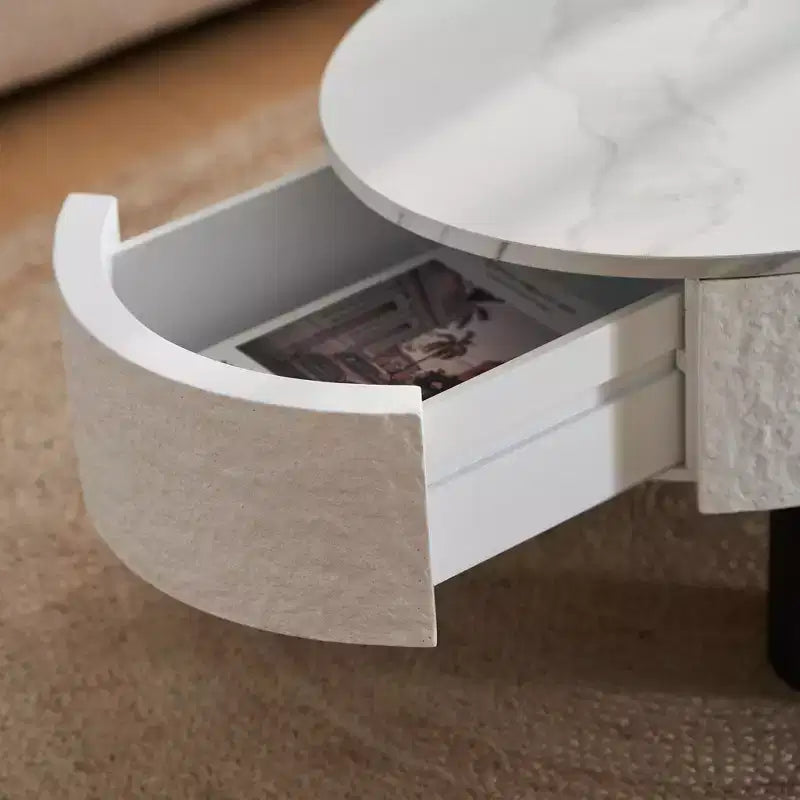 GDFStudio Juno, tavolino da caffè ovale in legno stile moderno di metà secolo, con larghezza di 120 cm, cassetto nascosto e vano portaoggetti
