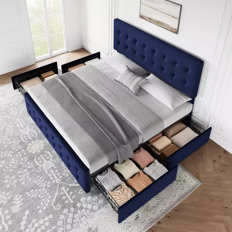 Letto matrimoniale alla francese con 4 cassetti contenitore, testiera imbottita in velluto, supporto a doghe in legno, capitonné, non richiede materasso a molle.