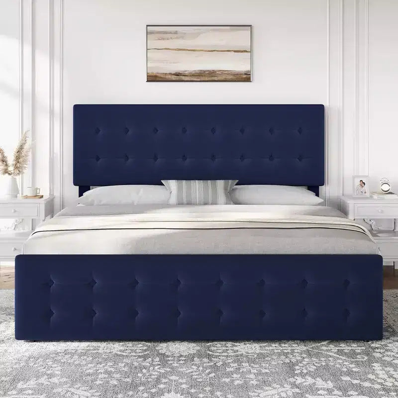 Letto matrimoniale alla francese con 4 cassetti contenitore, testiera imbottita in velluto, supporto a doghe in legno, capitonné, non richiede materasso a molle.