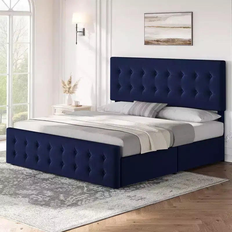 Letto matrimoniale alla francese con 4 cassetti contenitore, testiera imbottita in velluto, supporto a doghe in legno, capitonné, non richiede materasso a molle.
