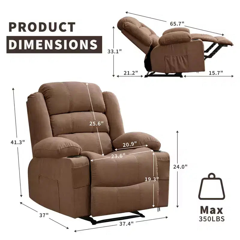 Poltrona reclinabile manuale oversize con reclinazione a 3 posizioni, poltrona lounge singola imbottita allargata con 2 portabicchieri, 2 tasche laterali, tessuto ciniglia