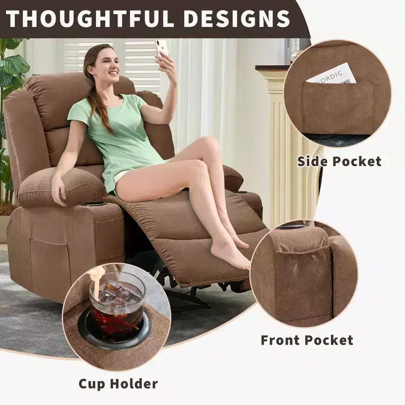 Poltrona reclinabile manuale oversize con reclinazione a 3 posizioni, poltrona lounge singola imbottita allargata con 2 portabicchieri, 2 tasche laterali, tessuto ciniglia