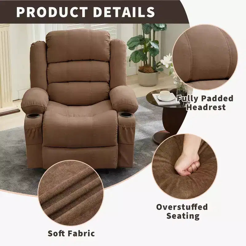 Poltrona reclinabile manuale oversize con reclinazione a 3 posizioni, poltrona lounge singola imbottita allargata con 2 portabicchieri, 2 tasche laterali, tessuto ciniglia