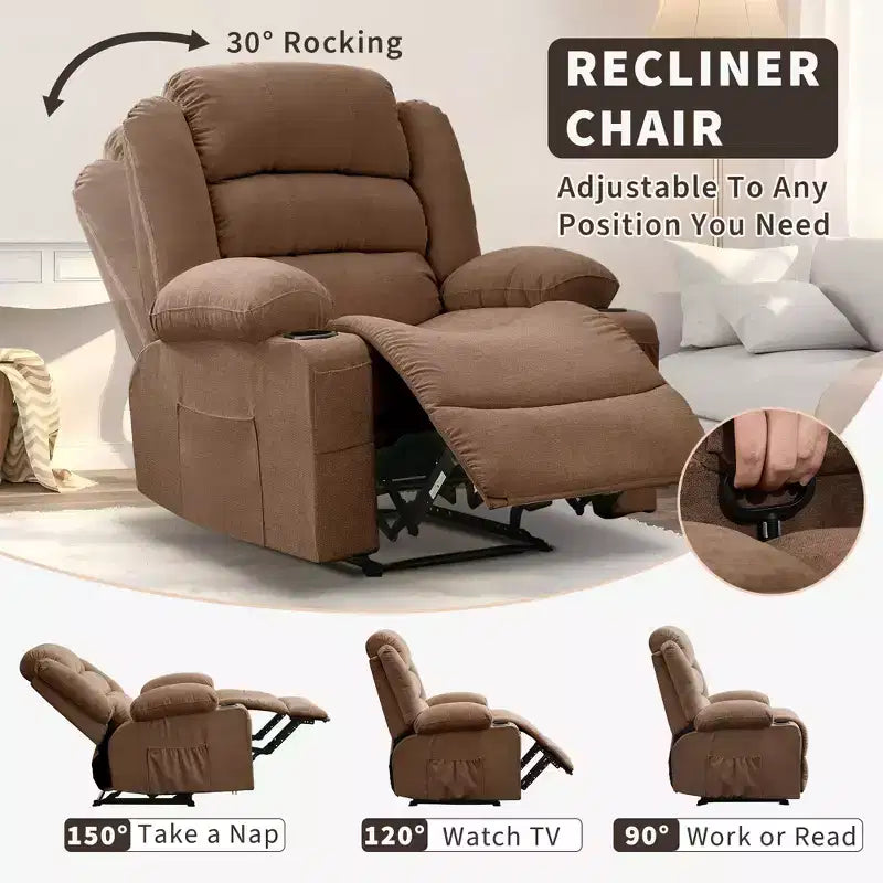 Poltrona reclinabile manuale oversize con reclinazione a 3 posizioni, poltrona lounge singola imbottita allargata con 2 portabicchieri, 2 tasche laterali, tessuto ciniglia