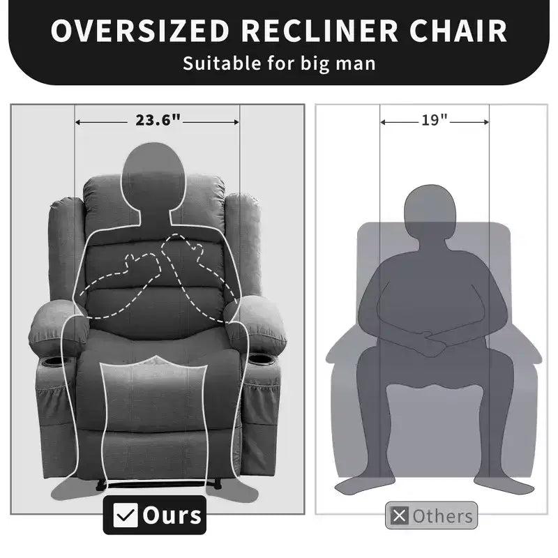 Poltrona reclinabile manuale oversize con reclinazione a 3 posizioni, poltrona lounge singola imbottita allargata con 2 portabicchieri, 2 tasche laterali, tessuto ciniglia