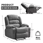 Poltrona reclinabile manuale oversize con reclinazione a 3 posizioni, poltrona lounge singola imbottita allargata con 2 portabicchieri, 2 tasche laterali, tessuto ciniglia