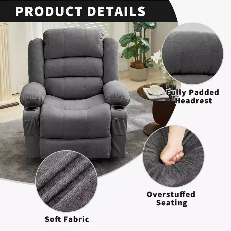 Poltrona reclinabile manuale oversize con reclinazione a 3 posizioni, poltrona lounge singola imbottita allargata con 2 portabicchieri, 2 tasche laterali, tessuto ciniglia
