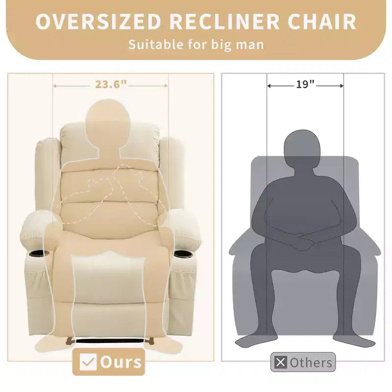 Poltrona reclinabile manuale oversize con reclinazione a 3 posizioni, poltrona lounge singola imbottita allargata con 2 portabicchieri, 2 tasche laterali, tessuto ciniglia