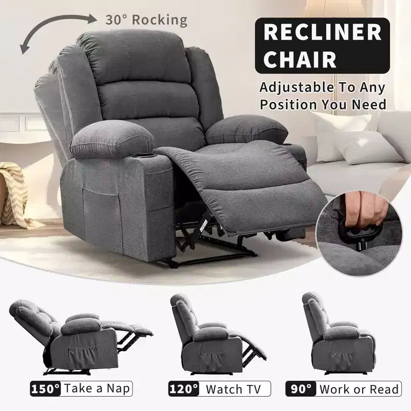 Poltrona reclinabile manuale oversize con reclinazione a 3 posizioni, poltrona lounge singola imbottita allargata con 2 portabicchieri, 2 tasche laterali, tessuto ciniglia