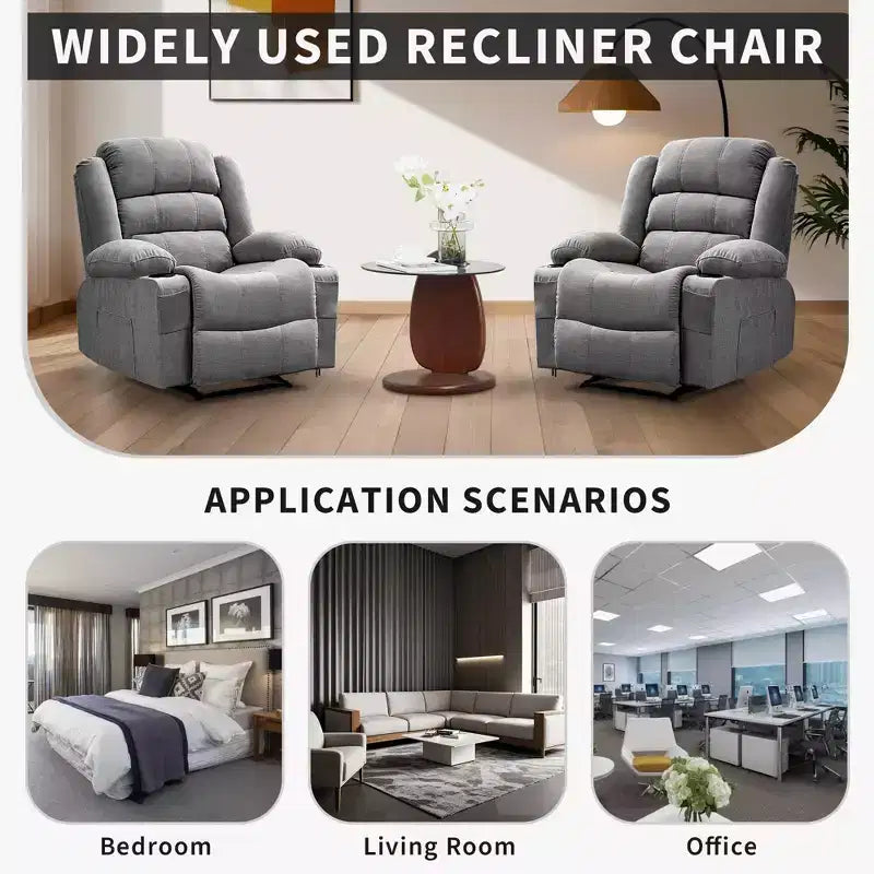Poltrona reclinabile manuale oversize con reclinazione a 3 posizioni, poltrona lounge singola imbottita allargata con 2 portabicchieri, 2 tasche laterali, tessuto ciniglia