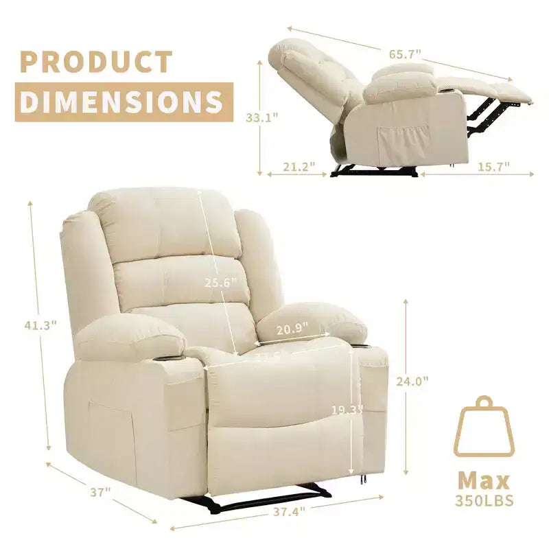 Poltrona reclinabile manuale oversize con reclinazione a 3 posizioni, poltrona lounge singola imbottita allargata con 2 portabicchieri, 2 tasche laterali, tessuto ciniglia