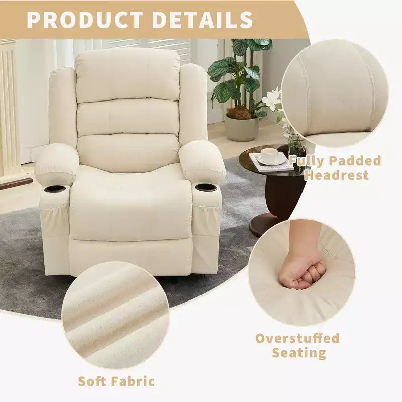 Poltrona reclinabile manuale oversize con reclinazione a 3 posizioni, poltrona lounge singola imbottita allargata con 2 portabicchieri, 2 tasche laterali, tessuto ciniglia
