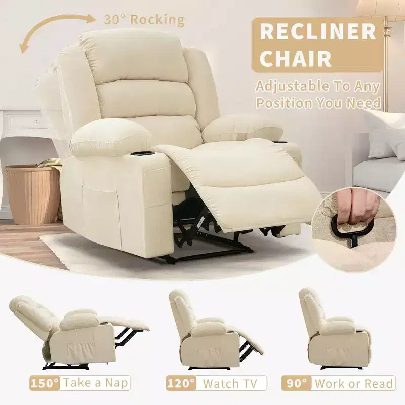 Poltrona reclinabile manuale oversize con reclinazione a 3 posizioni, poltrona lounge singola imbottita allargata con 2 portabicchieri, 2 tasche laterali, tessuto ciniglia