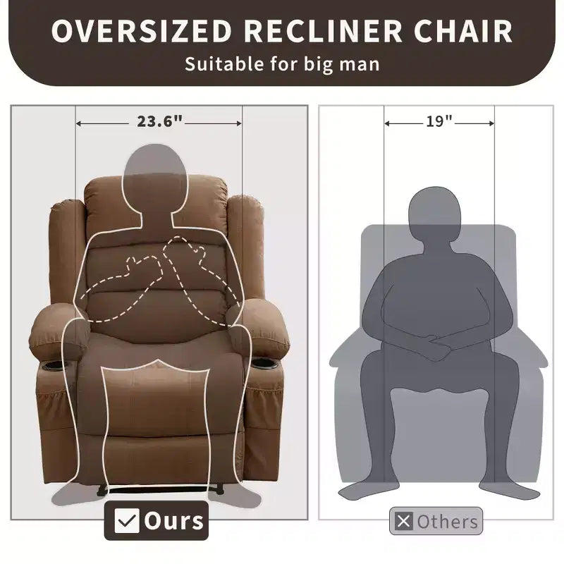 Poltrona reclinabile manuale oversize con reclinazione a 3 posizioni, poltrona lounge singola imbottita allargata con 2 portabicchieri, 2 tasche laterali, tessuto ciniglia