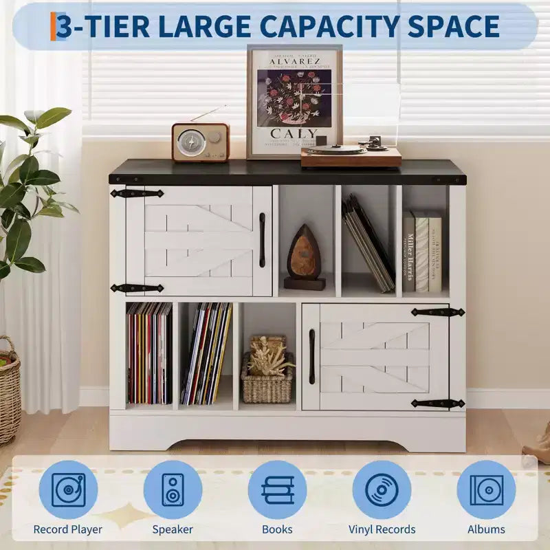 CuisinSmart Mobiletto Porta Giradischi da 99 cm con Contenitore per Vinili, Contenitore per Dischi in Vinile con 2 Ante Scorrevole, Fino a 450 Album per Soggiorno e Sala da Musica