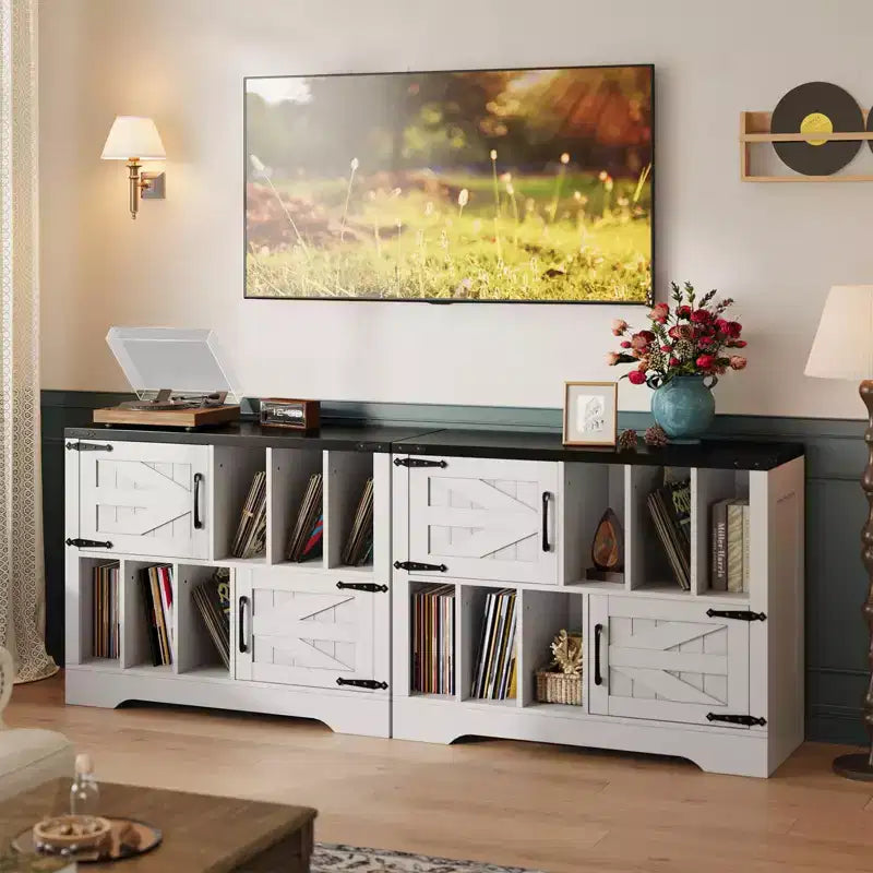 CuisinSmart Mobiletto Porta Giradischi da 99 cm con Contenitore per Vinili, Contenitore per Dischi in Vinile con 2 Ante Scorrevole, Fino a 450 Album per Soggiorno e Sala da Musica