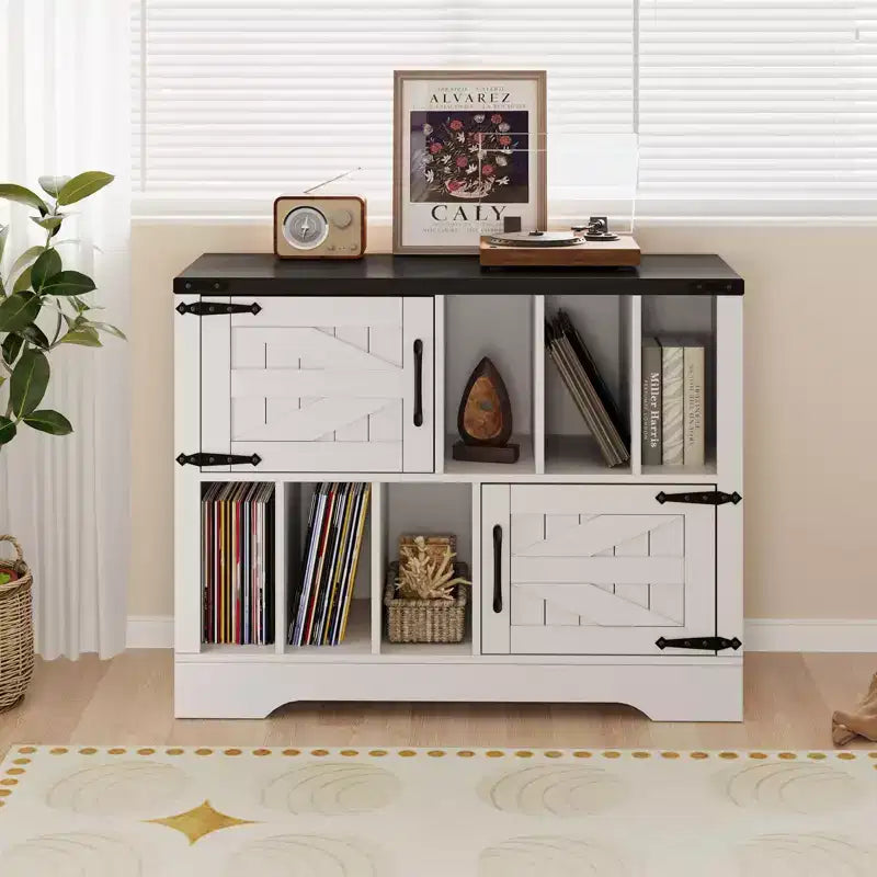 CuisinSmart Mobiletto Porta Giradischi da 99 cm con Contenitore per Vinili, Contenitore per Dischi in Vinile con 2 Ante Scorrevole, Fino a 450 Album per Soggiorno e Sala da Musica
