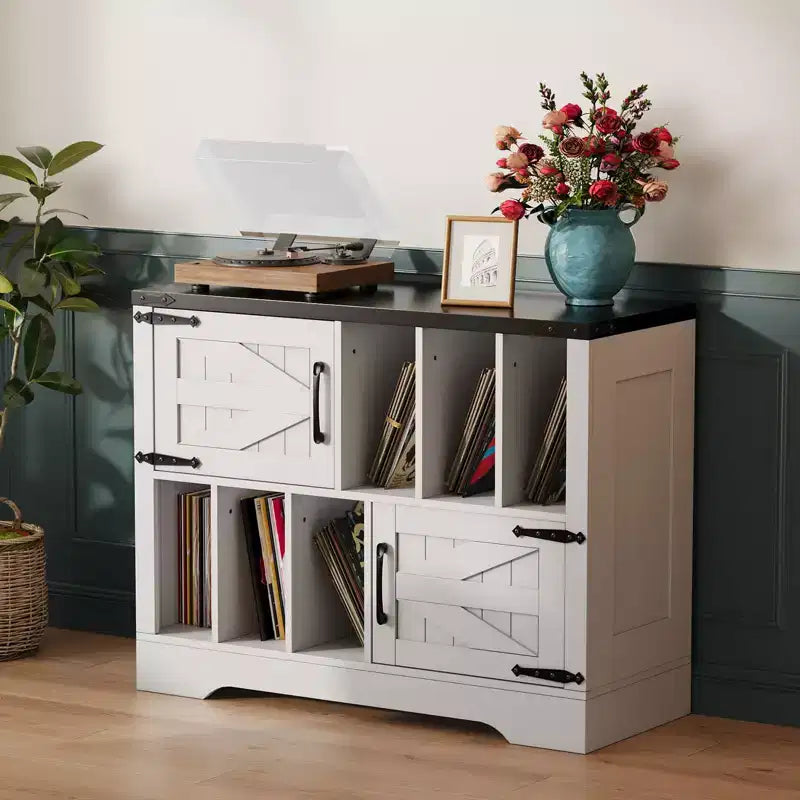 CuisinSmart Mobiletto Porta Giradischi da 99 cm con Contenitore per Vinili, Contenitore per Dischi in Vinile con 2 Ante Scorrevole, Fino a 450 Album per Soggiorno e Sala da Musica