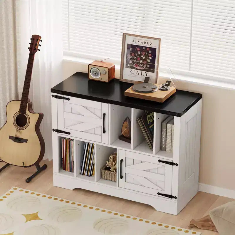 CuisinSmart Mobiletto Porta Giradischi da 99 cm con Contenitore per Vinili, Contenitore per Dischi in Vinile con 2 Ante Scorrevole, Fino a 450 Album per Soggiorno e Sala da Musica