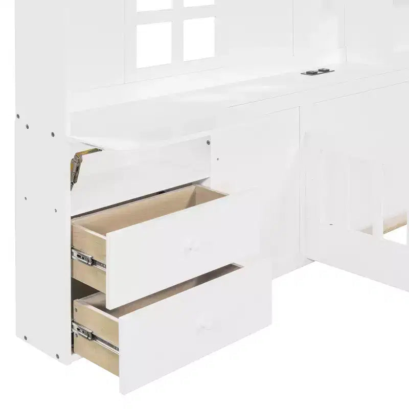 Letto a capanna gemello/piazza e mezza per bambini con ripiani, letto a piattaforma in legno con prese USB, finestra e cassetti