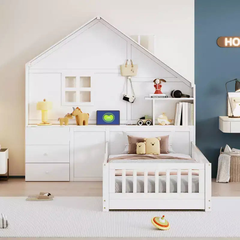 Letto a capanna gemello/piazza e mezza per bambini con ripiani, letto a piattaforma in legno con prese USB, finestra e cassetti