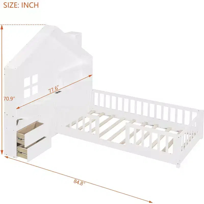 Letto a capanna gemello/piazza e mezza per bambini con ripiani, letto a piattaforma in legno con prese USB, finestra e cassetti