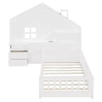 Letto a capanna gemello/piazza e mezza per bambini con ripiani, letto a piattaforma in legno con prese USB, finestra e cassetti