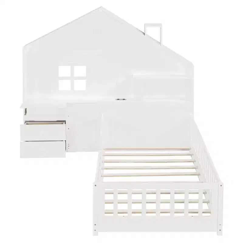 Letto a capanna gemello/piazza e mezza per bambini con ripiani, letto a piattaforma in legno con prese USB, finestra e cassetti