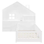 Letto a capanna gemello/piazza e mezza per bambini con ripiani, letto a piattaforma in legno con prese USB, finestra e cassetti