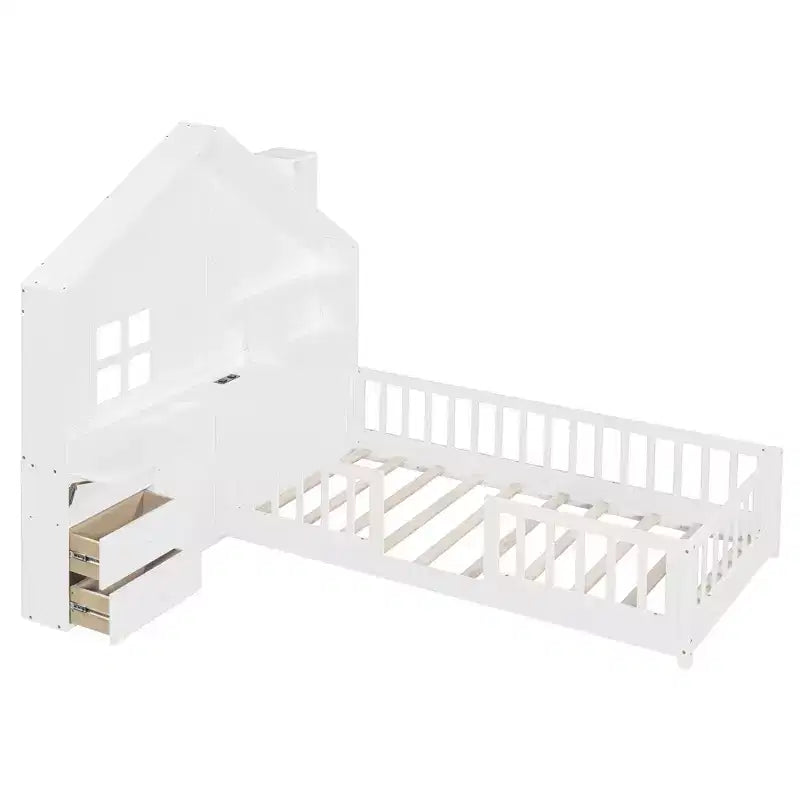 Letto a capanna gemello/piazza e mezza per bambini con ripiani, letto a piattaforma in legno con prese USB, finestra e cassetti