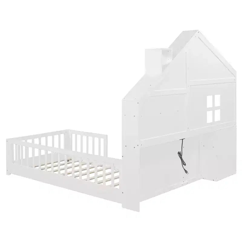 Letto a capanna gemello/piazza e mezza per bambini con ripiani, letto a piattaforma in legno con prese USB, finestra e cassetti
