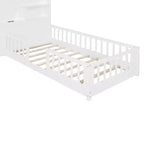Letto a capanna gemello/piazza e mezza per bambini con ripiani, letto a piattaforma in legno con prese USB, finestra e cassetti