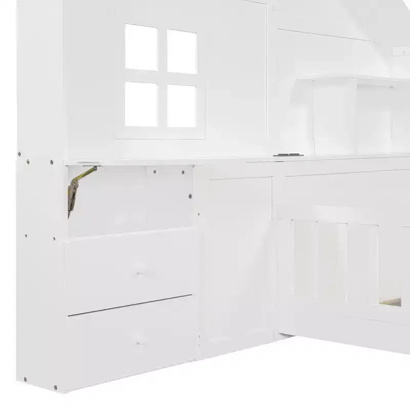Letto a capanna gemello/piazza e mezza per bambini con ripiani, letto a piattaforma in legno con prese USB, finestra e cassetti