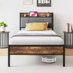 Okak Twin Size Bed Frame with Storage Headboard, Solid Wood Platform Bed with Charging Station for Bedroom, Brown