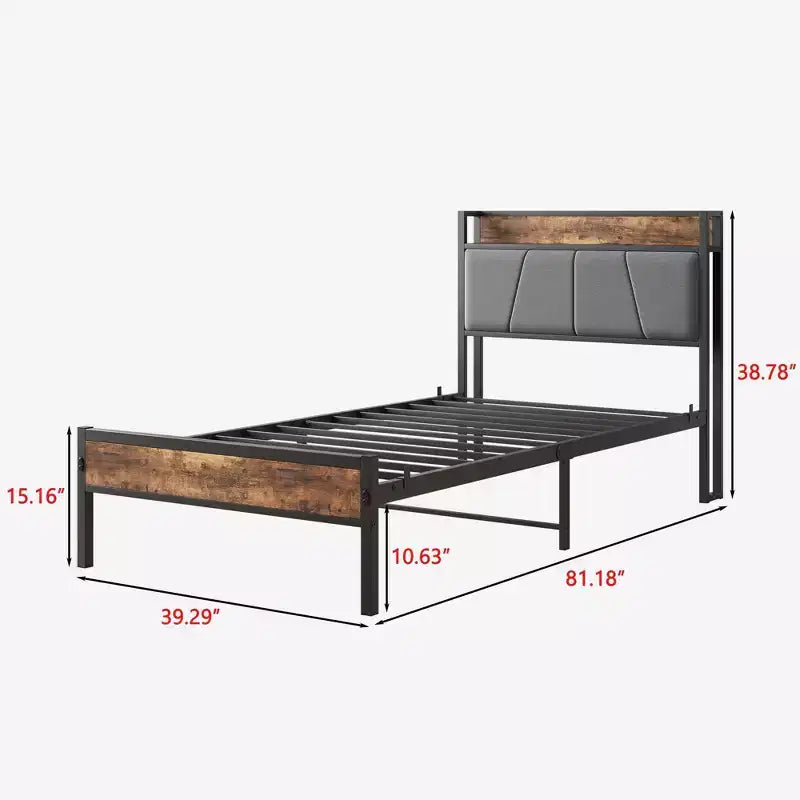 Telaio letto singolo Okak con testiera contenitore, letto a piattaforma in legno massello con stazione di ricarica per camera da letto, marrone