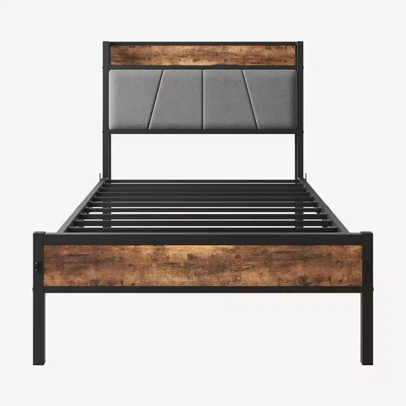 Telaio letto singolo Okak con testiera contenitore, letto a piattaforma in legno massello con stazione di ricarica per camera da letto, marrone